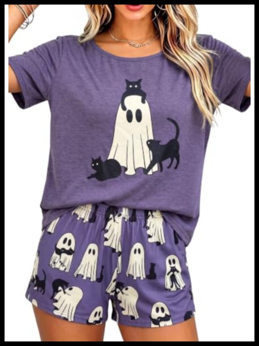 Women Halloween Pajama Set Ghost Short Sleeve Sleepwear Lounge 2 Piece